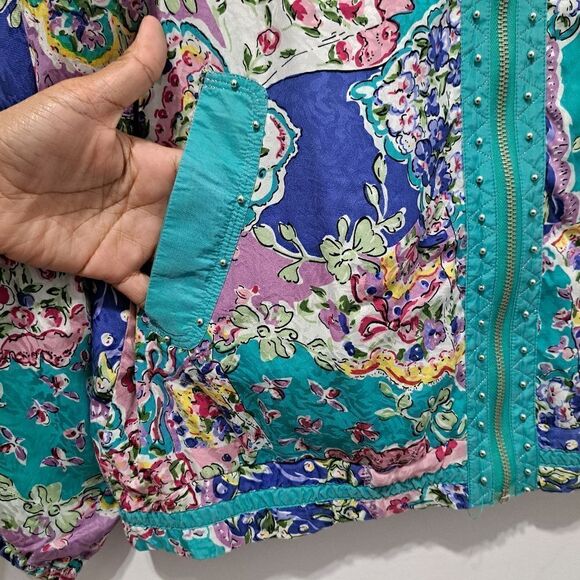 Vintage Mureli Floral Print Silk Studded Zip-Up Oversized Lightweight Jacket Sm - Picture 17 of 17